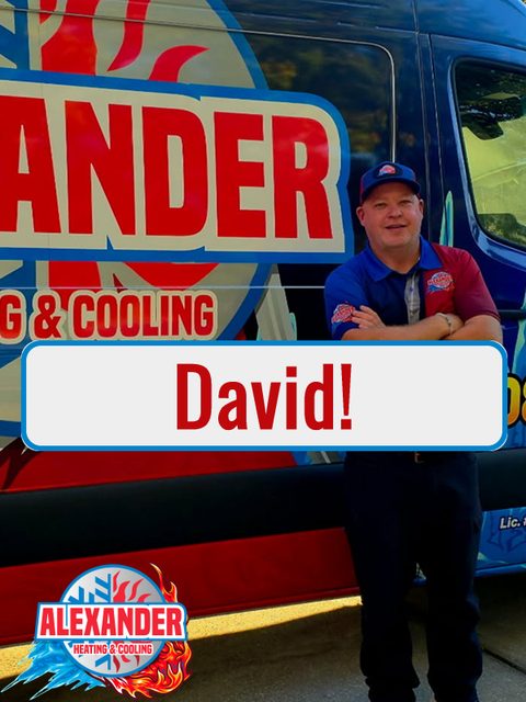 Owner of Alexander Heating and Cooling in front of his branded van
