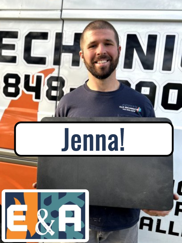 E&A Mechanical personalized review request photo with the customer's name Jenna printed on it