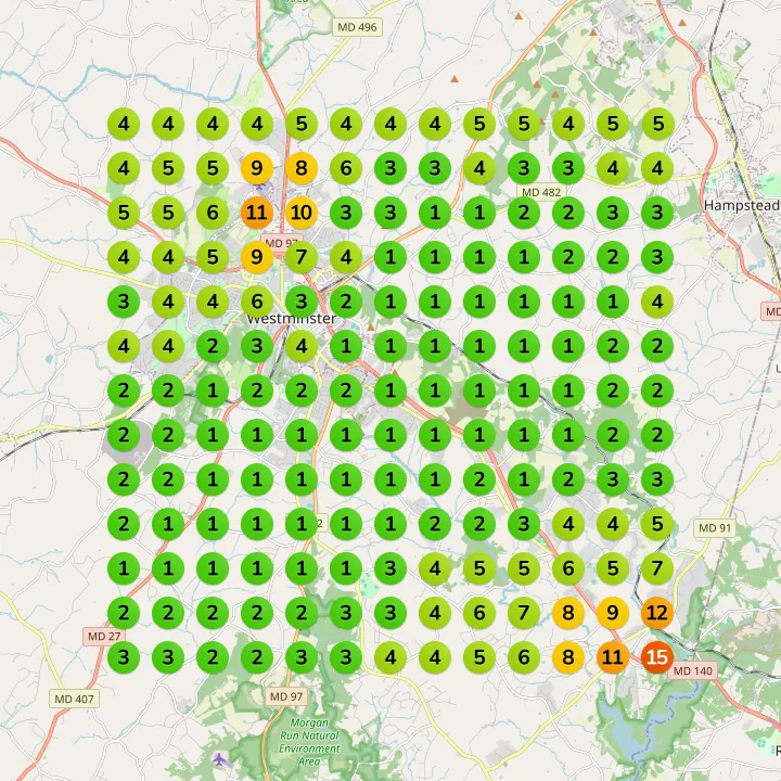 Google Maps grid for E&A Mechanical in September. Most dots are green and show a spot of 1 to 3.