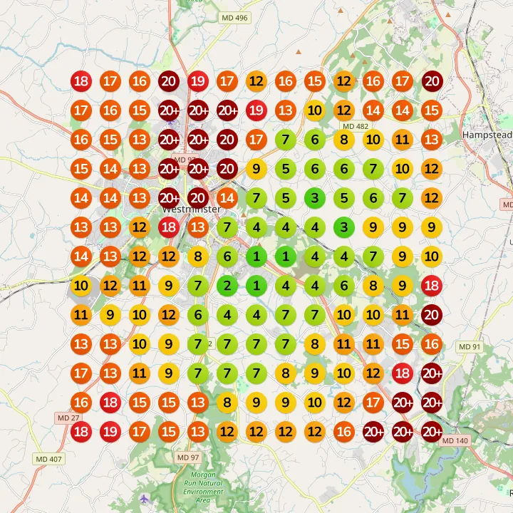 Google Maps grid for E&A Mechanical in April. Most dots are orange and red and show spots of 10 or worse.