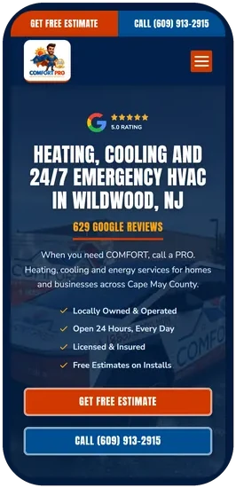 Comfort Pro Heating and Cooling website on a phone, with estimate and call buttons at the top