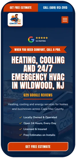 Comfort Pro Heating and Cooling website on a phone, with estimate and call buttons at the top