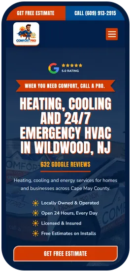 Comfort Pro Heating and Cooling website on a phone, with estimate and call buttons at the top