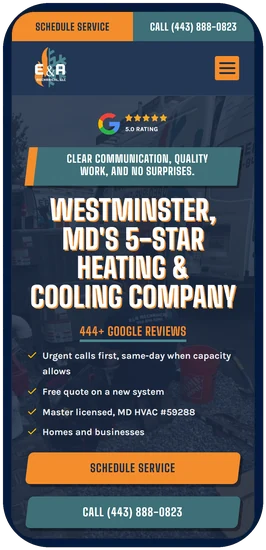 E&A Mechanical website on a phone, with schedule and call buttons at the top