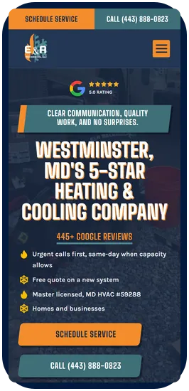 E&A Mechanical website on a phone, with schedule and call buttons at the top