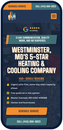 E&A Mechanical website on a phone, with schedule and call buttons at the top