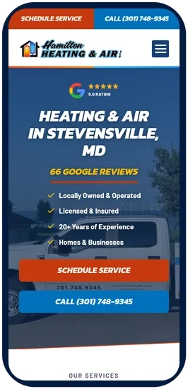 Hamilton Heating and Air website on a phone, with call and schedule buttons at the top
