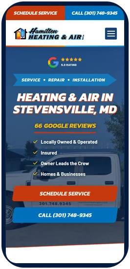 Hamilton Heating and Air website on a phone, with call and schedule buttons at the top