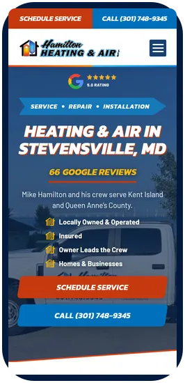 Hamilton Heating and Air website on a phone, with call and schedule buttons at the top