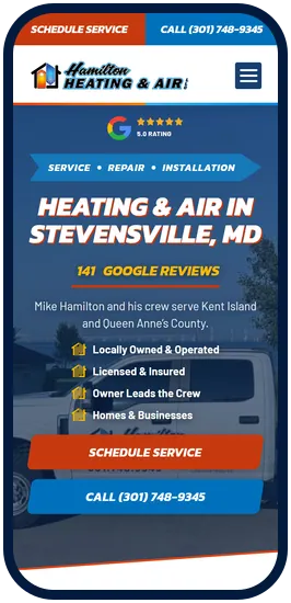 Hamilton Heating and Air website on a phone, with call and schedule buttons at the top