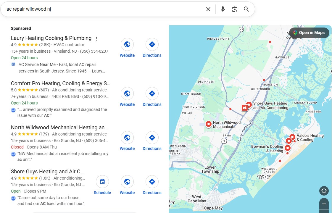Real Google search for ac repair wildwood nj: Comfort Pro ringed in the map pack at 5.0 stars with 607 reviews, the only 5.0 in the pack