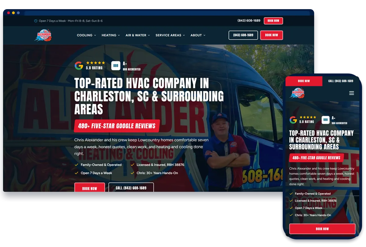 Alexander Heating and Cooling HVAC website shown on desktop and phone