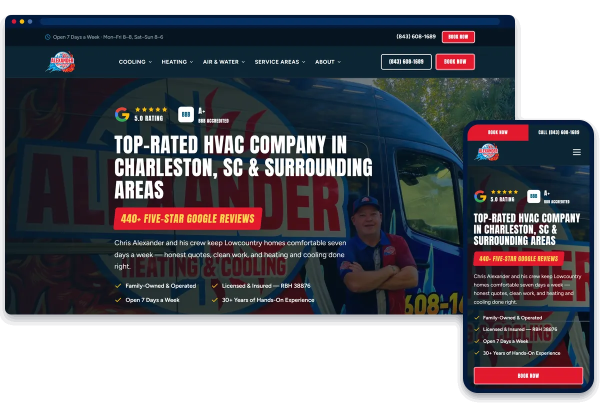 Alexander Heating and Cooling HVAC website shown on desktop and phone