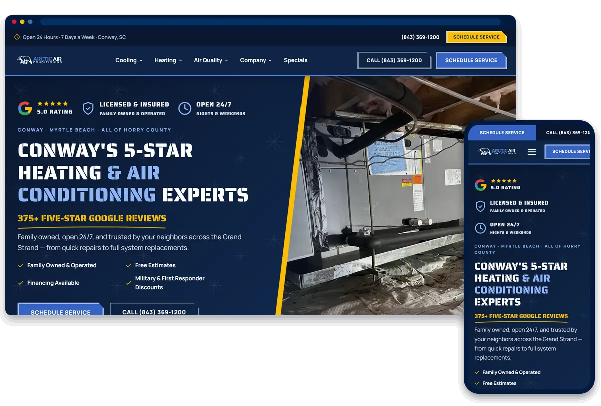 Arctic Air Conditioning HVAC website shown on desktop and phone
