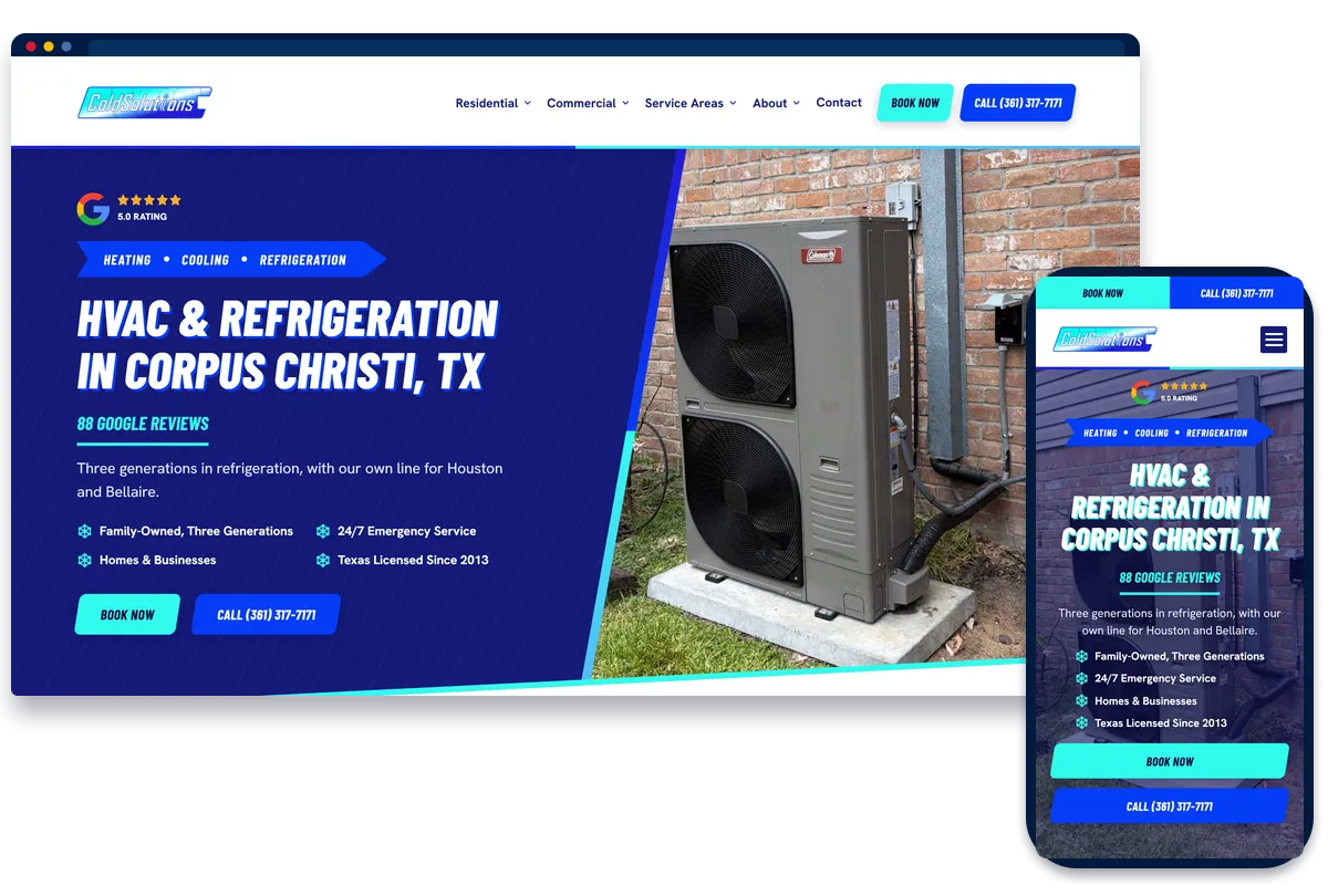 Cold Solutions HVAC and commercial refrigeration website shown on desktop and phone