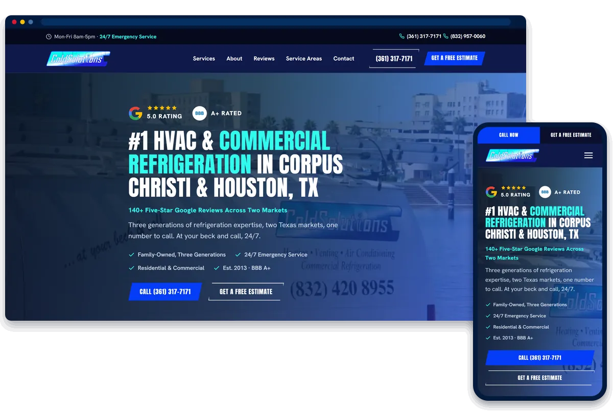 Cold Solutions HVAC and commercial refrigeration website shown on desktop and phone