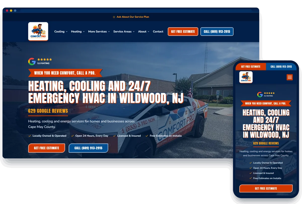 Comfort Pro Heating, Cooling and Energy Services HVAC website shown on desktop and phone