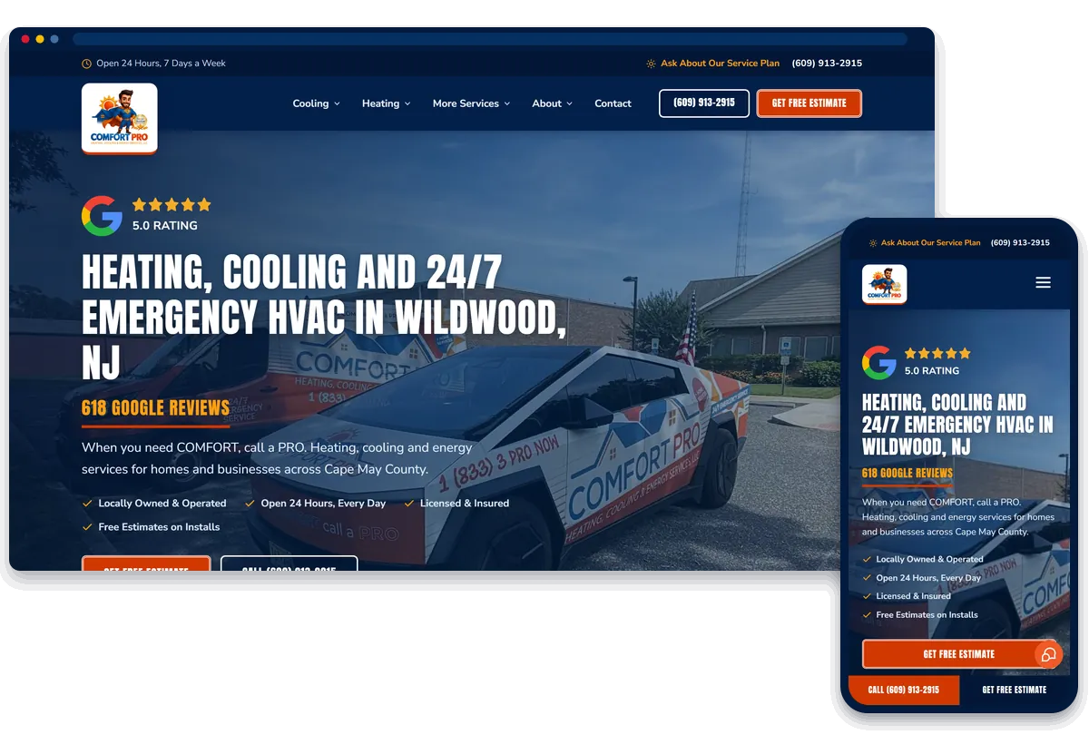 Comfort Pro Heating, Cooling and Energy Services HVAC website shown on desktop and phone