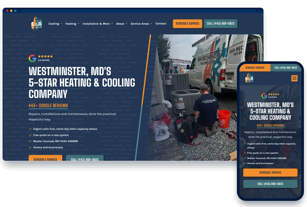E&A Mechanical website on desktop and phone