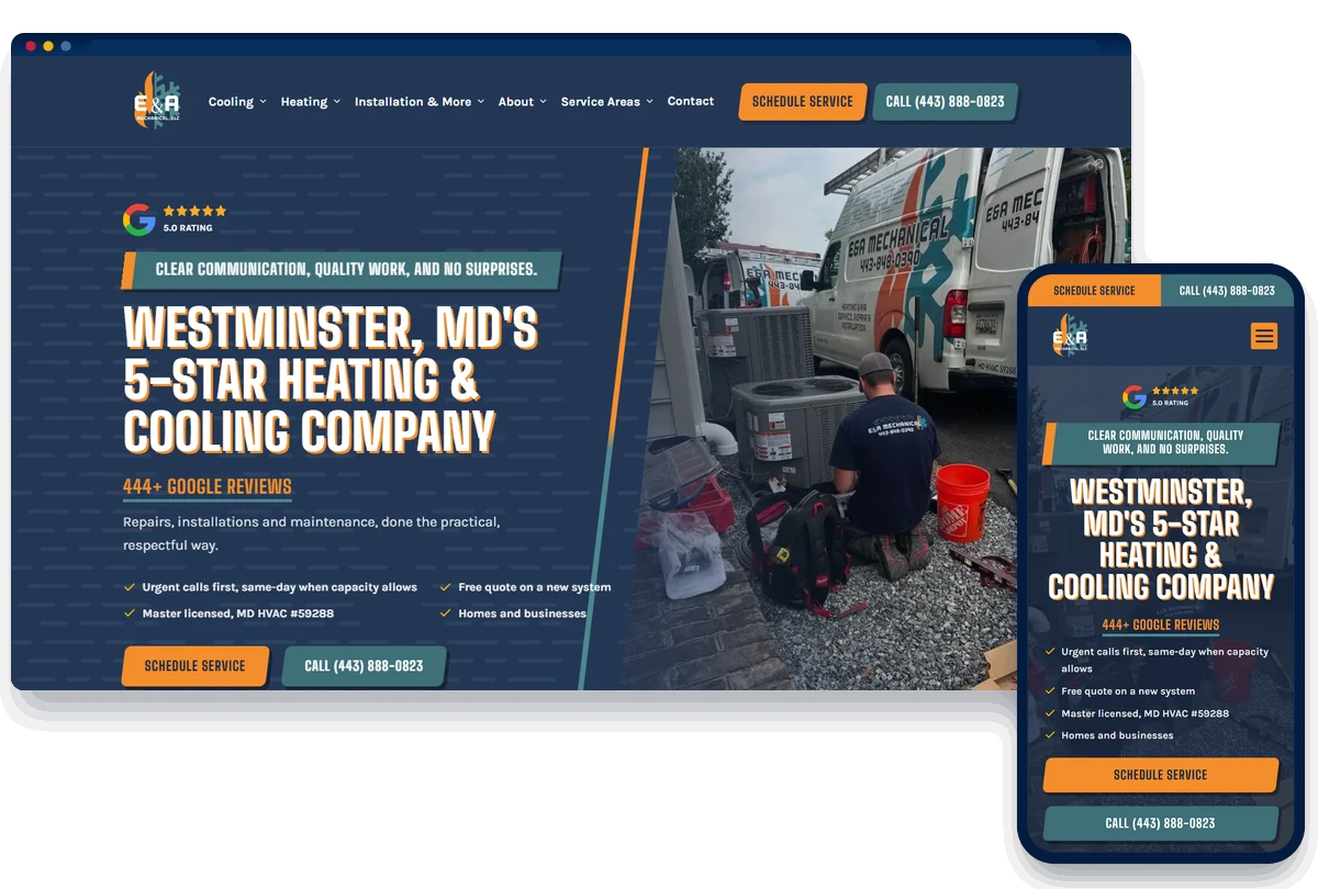 E&A Mechanical HVAC website shown on desktop and phone