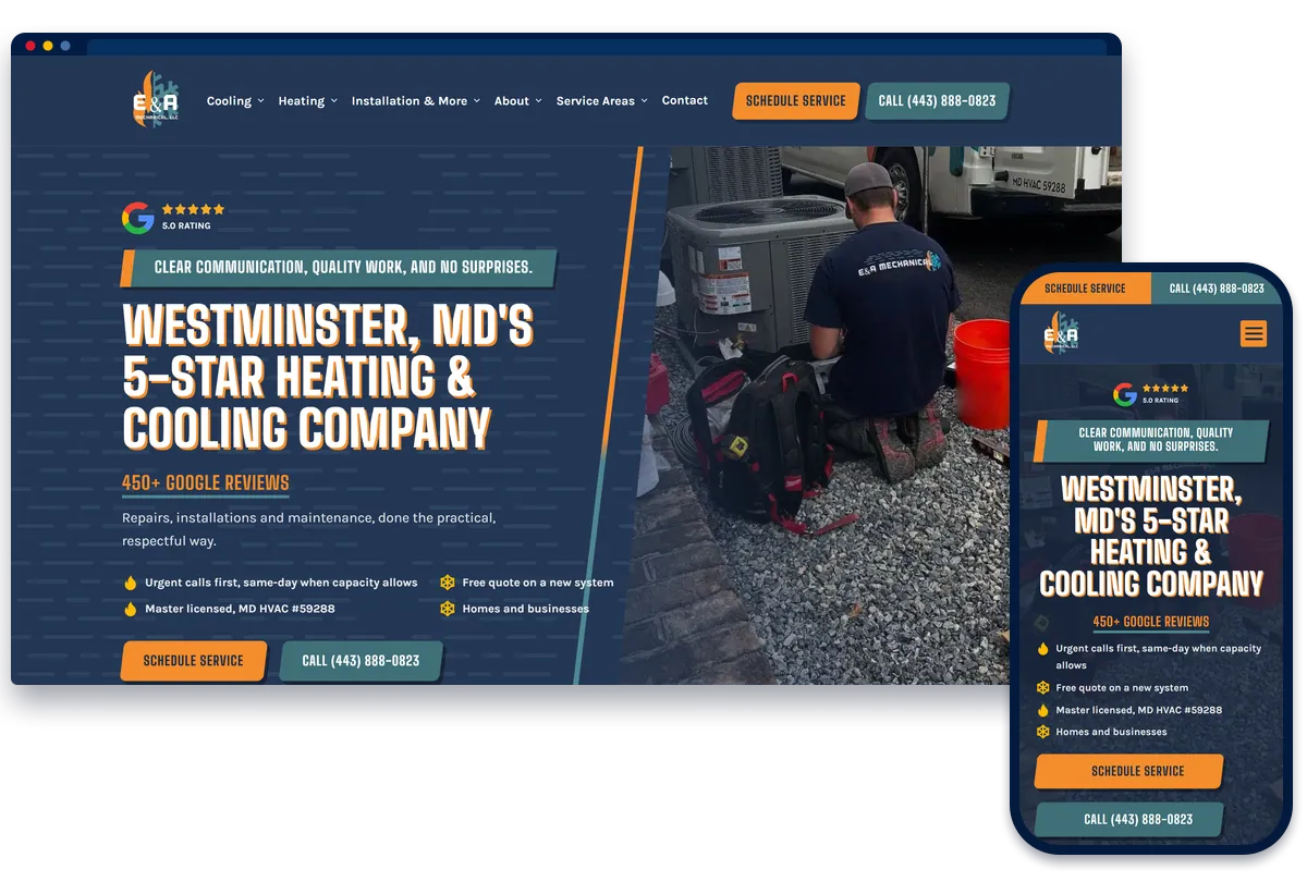 E&A Mechanical HVAC website shown on desktop and phone