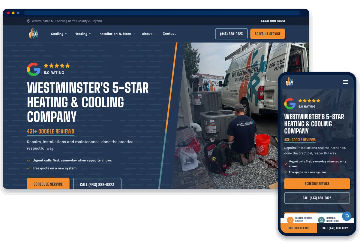 E&A Mechanical HVAC website shown on desktop and phone