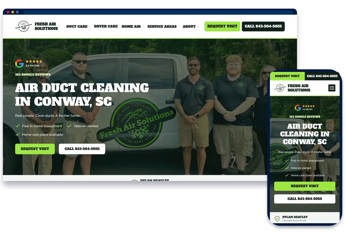 Fresh Air Solutions air duct cleaning website shown on desktop and phone
