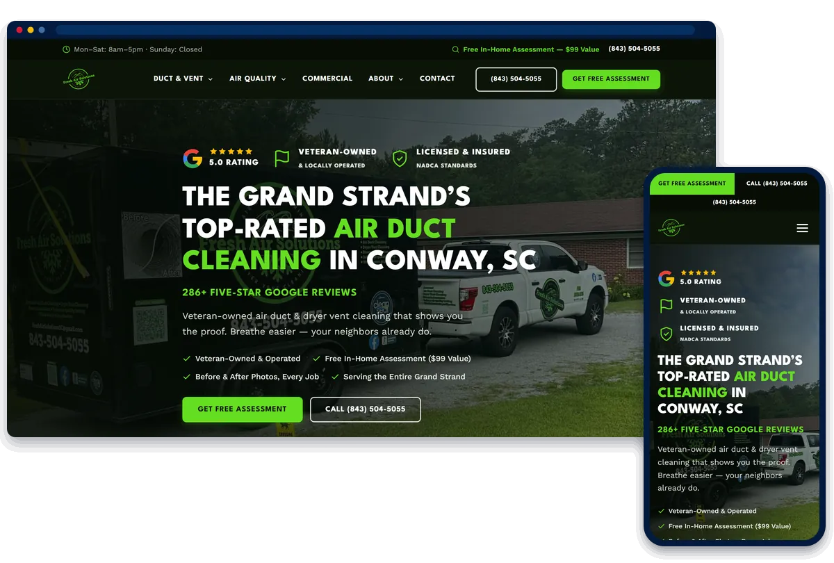Fresh Air Solutions air duct cleaning website shown on desktop and phone