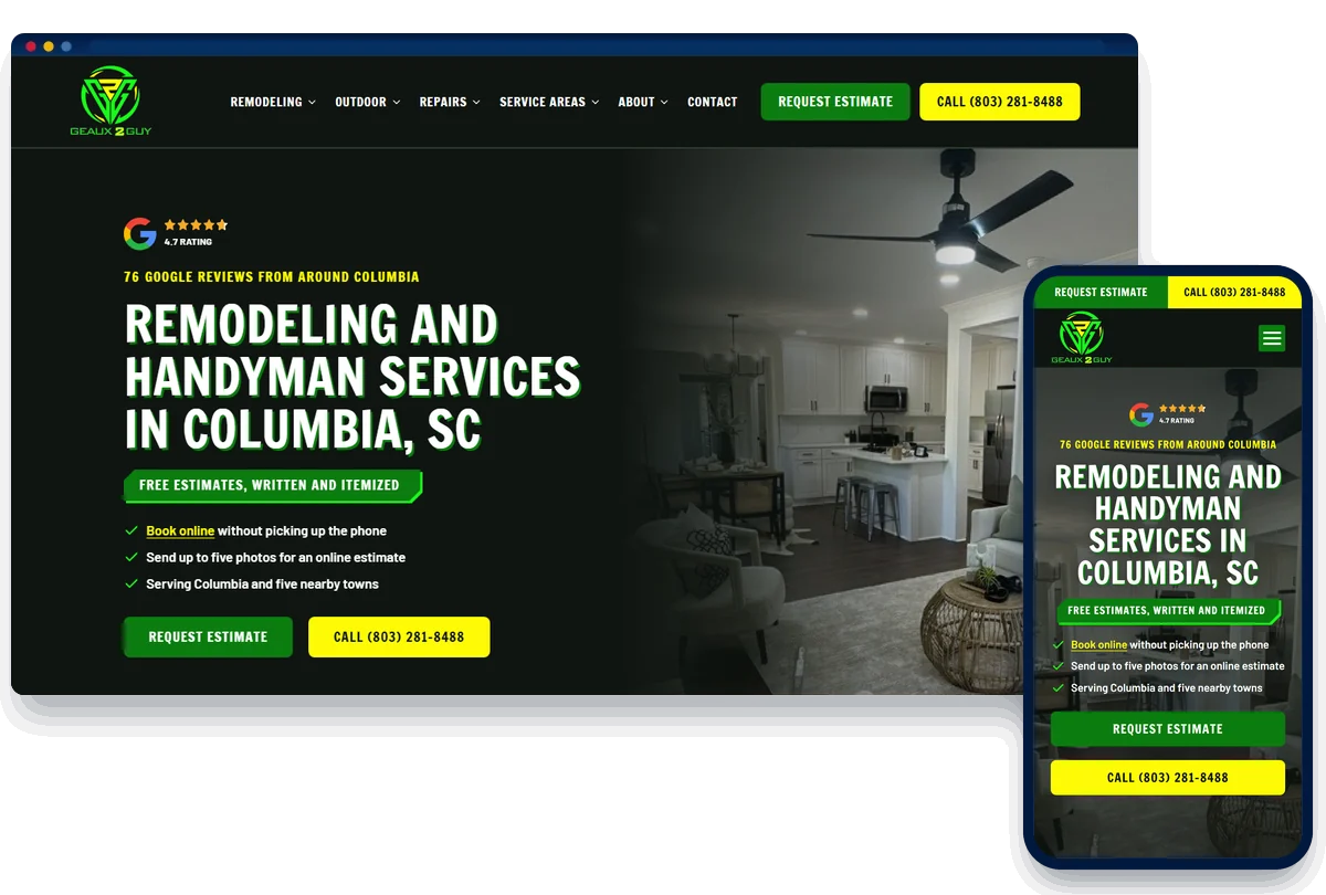 Geaux 2 Guy Renovations remodeling and handyman website shown on desktop and phone