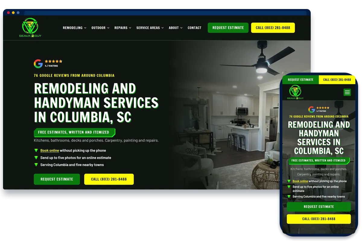 Geaux 2 Guy Renovations remodeling and handyman website shown on desktop and phone