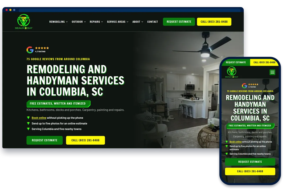 Geaux 2 Guy Renovations remodeling and handyman website shown on desktop and phone