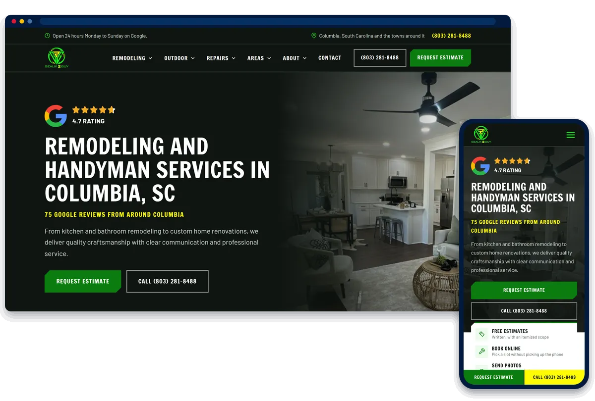 Geaux 2 Guy Renovations remodeling and handyman website shown on desktop and phone