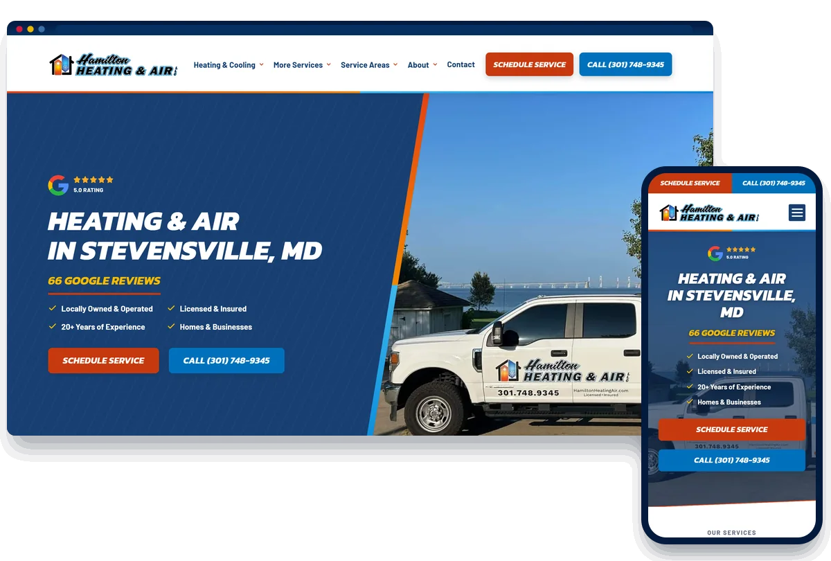 Hamilton Heating and Air website on desktop and phone