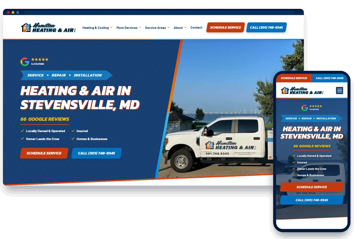 Hamilton Heating and Air HVAC website shown on desktop and phone