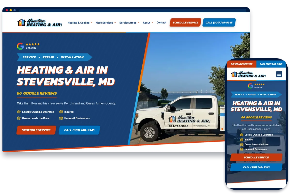 Hamilton Heating and Air HVAC website shown on desktop and phone