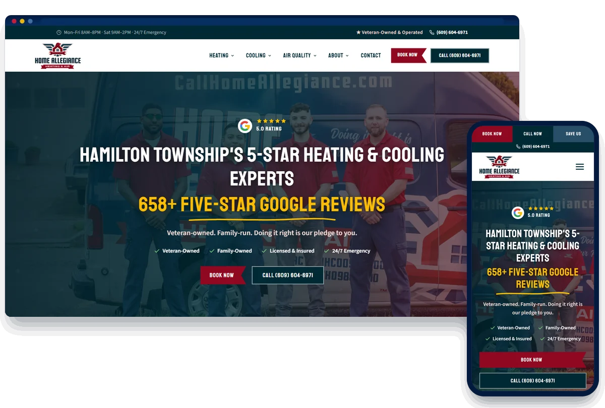 Home Allegiance HVAC website shown on desktop and phone