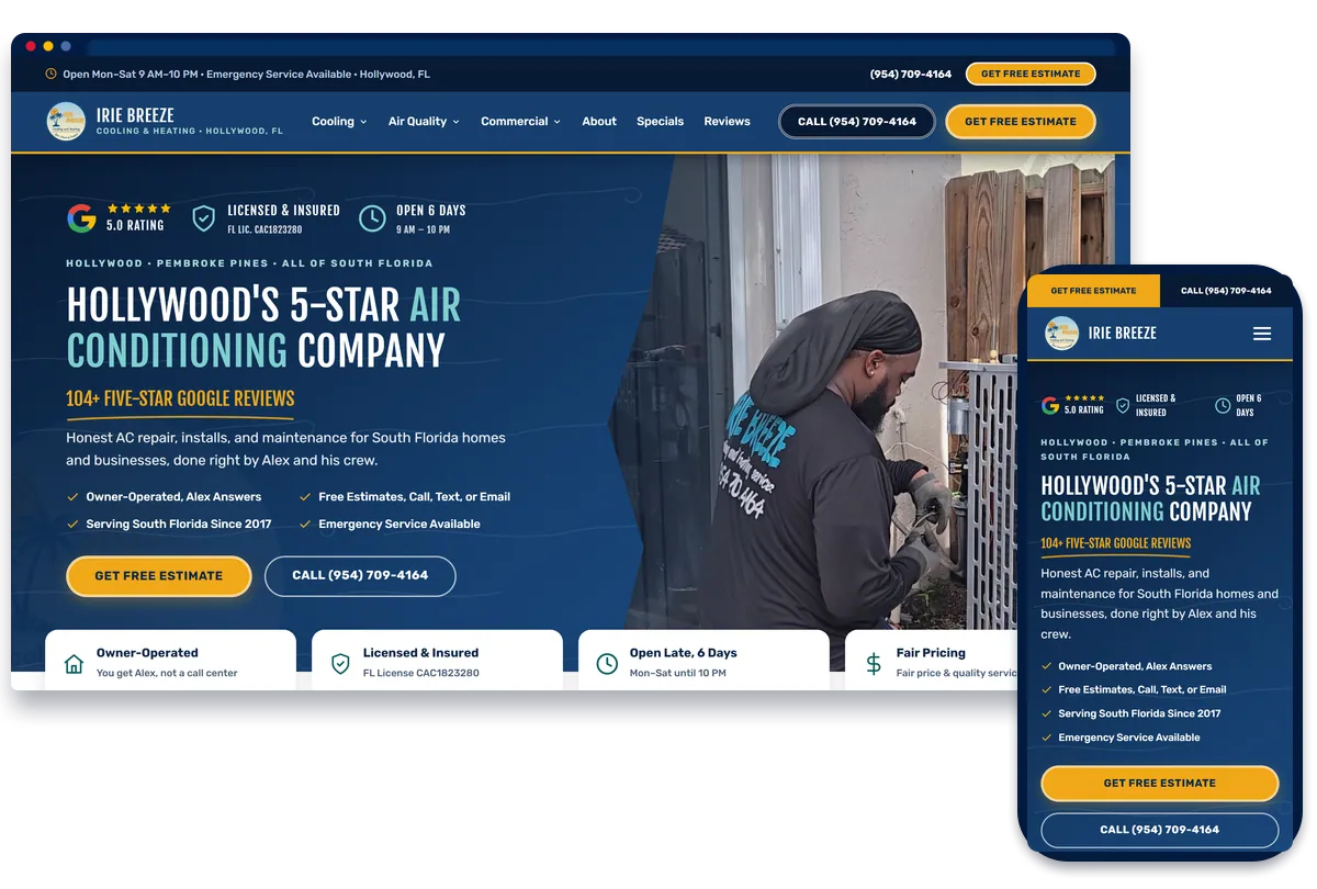Irie Breeze air conditioning website shown on desktop and phone