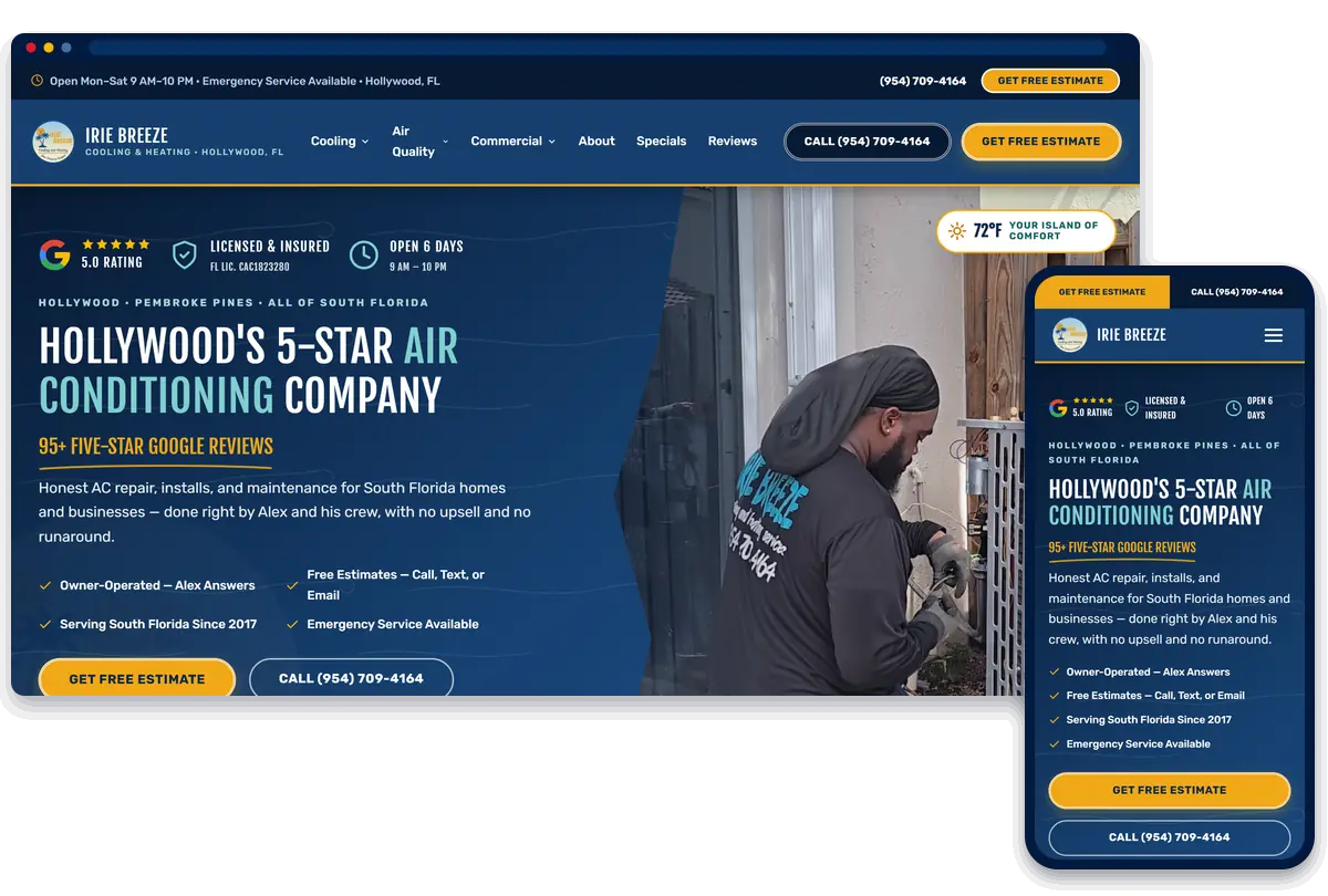 Irie Breeze air conditioning website shown on desktop and phone