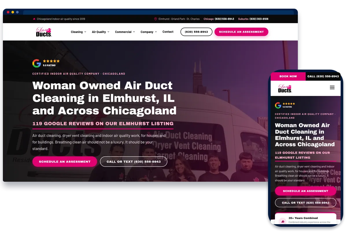 Luxe Ducts air duct cleaning website shown on desktop and phone
