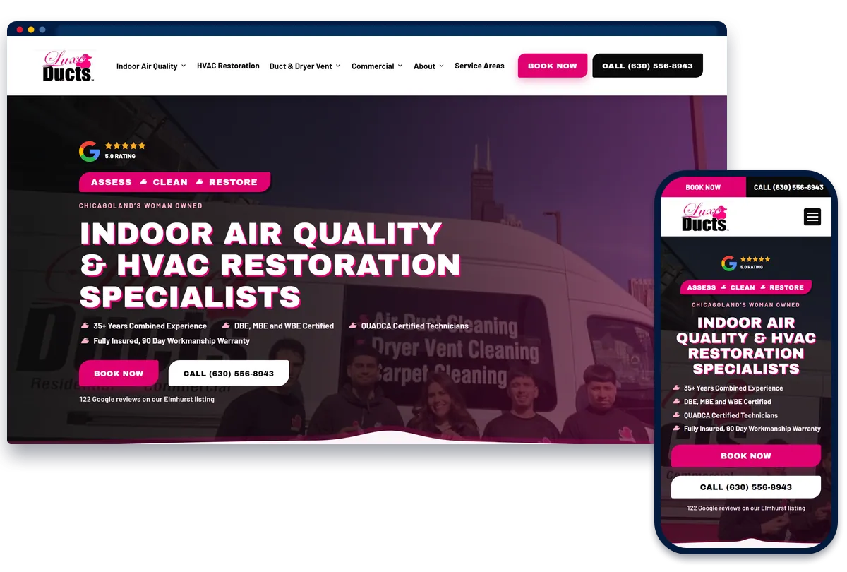 Luxe Ducts air duct cleaning website shown on desktop and phone