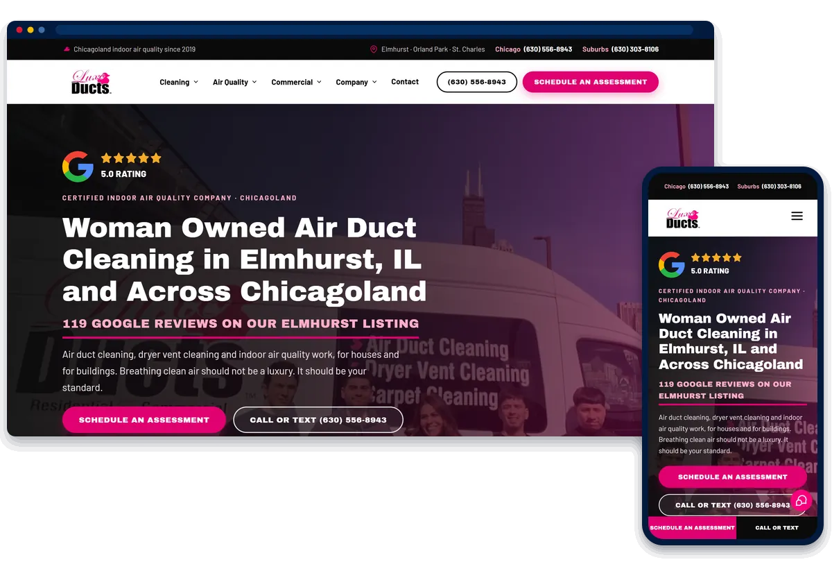Luxe Ducts air duct cleaning website shown on desktop and phone