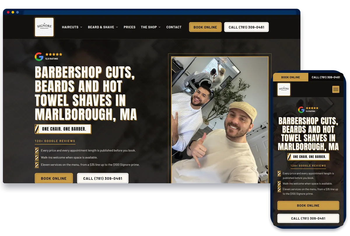 Signore Barbershop website shown on desktop and phone