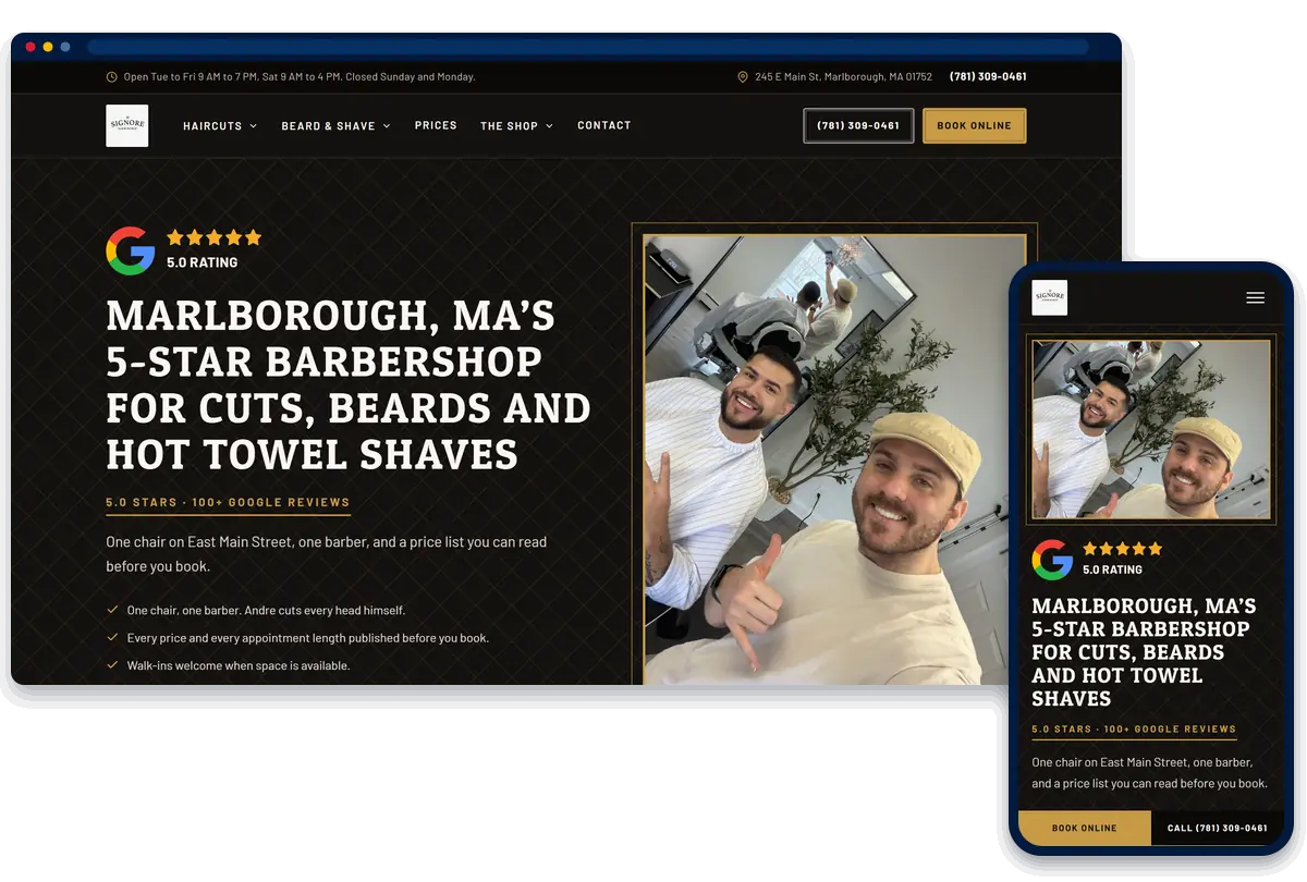 Signore Barbershop website shown on desktop and phone
