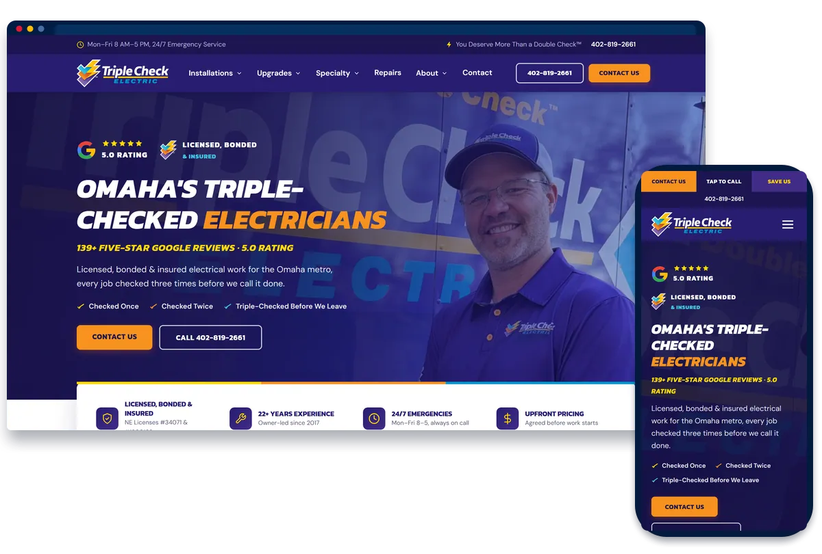 Triple Check Electric electrical contractor website shown on desktop and phone