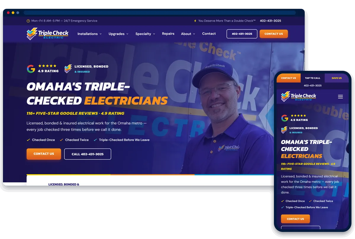 Triple Check Electric electrical contractor website shown on desktop and phone